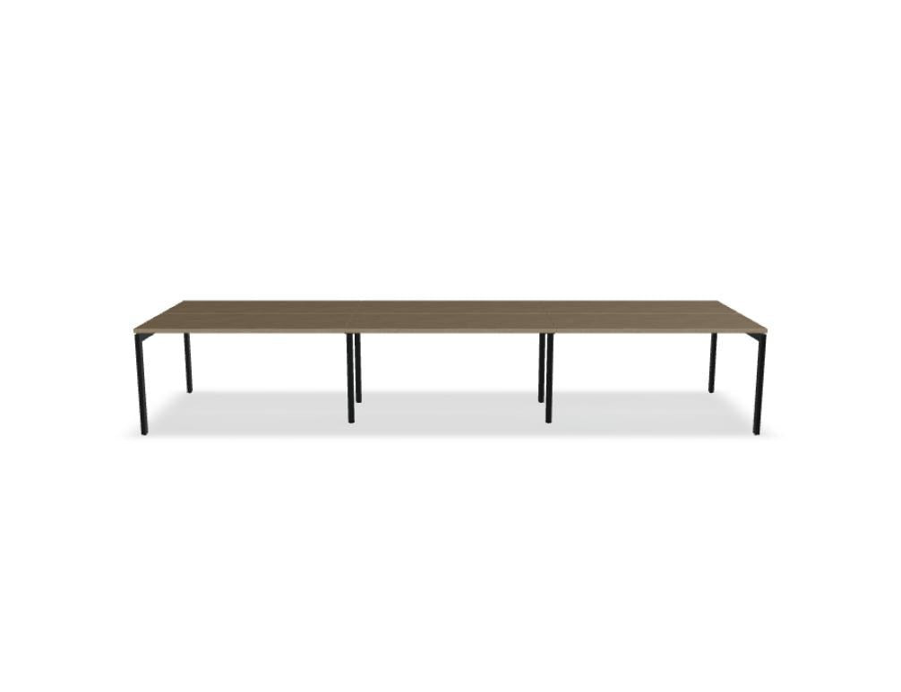 Doppelschreibtisch Ogi U Bench von Mdd mit Melaminplatte in Honigeiche und schwarzem Metallgestell, für zwei Arbeitsplätze.
