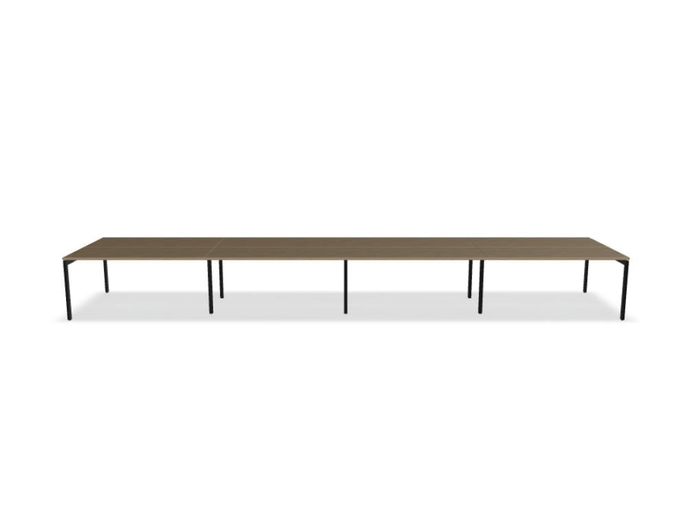 Doppelschreibtisch Ogi U Bench von Mdd mit Melaminplatte in Honigeiche und schwarzem Metallgestell, für zwei Arbeitsplätze.
