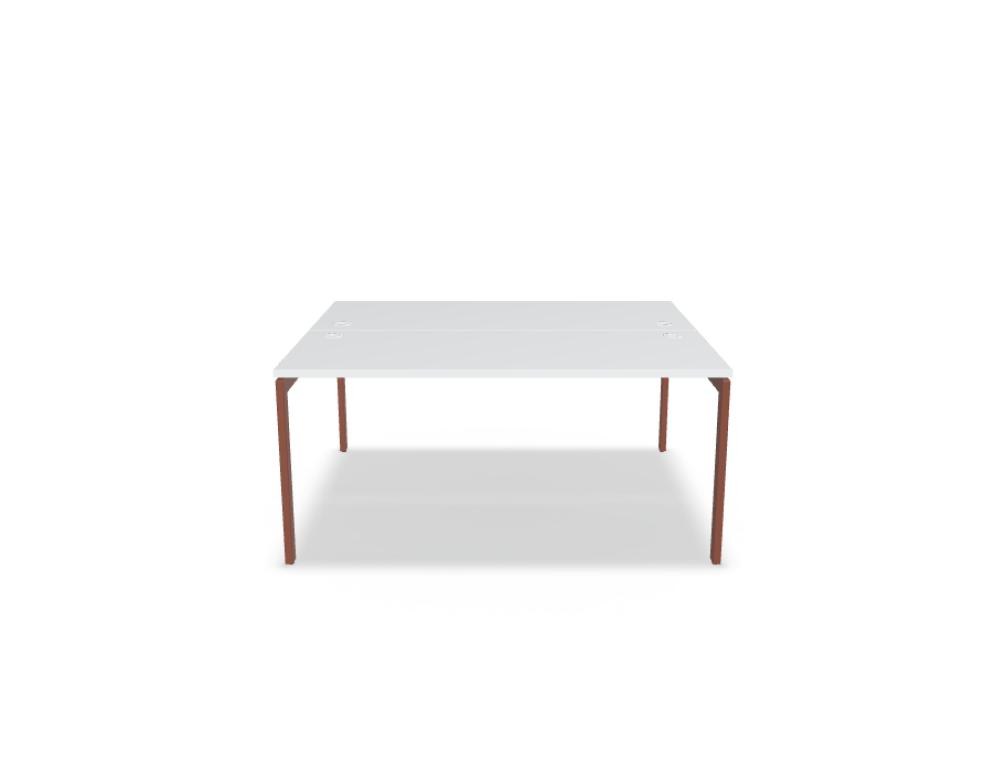 Doppelschreibtisch Ogi U Bench von Mdd mit Melaminplatte in Honigeiche und schwarzem Metallgestell, für zwei Arbeitsplätze.