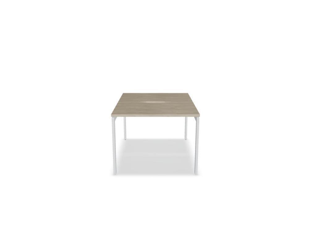 Doppelschreibtisch Ogi U Bench von Mdd mit Melaminplatte in Honigeiche und schwarzem Metallgestell, für zwei Arbeitsplätze.
