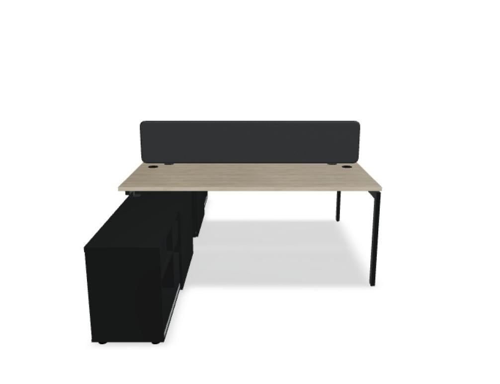 Doppelschreibtisch Ogi U Bench von Mdd mit Melaminplatte in Honigeiche und schwarzem Metallgestell, für zwei Arbeitsplätze.