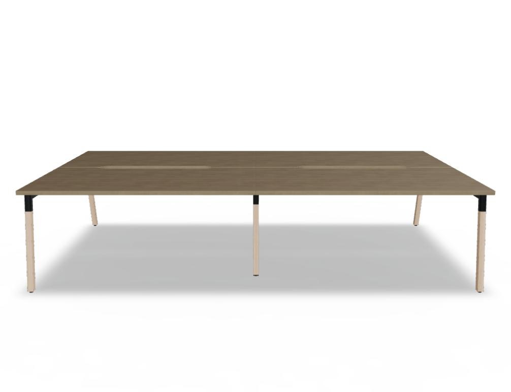 Doppelschreibtisch Ogi W Bench mit Platte in Honigeiche, Gestell aus Eschenholz und schwarzem Metallrahmen, für zwei Arbeitsplätze.