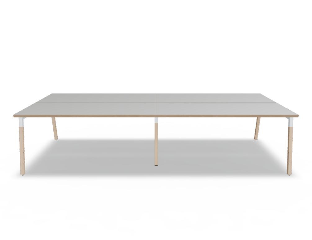 Doppelschreibtisch Ogi W Bench mit Platte in Honigeiche, Gestell aus Eschenholz und schwarzem Metallrahmen, für zwei Arbeitsplätze.
