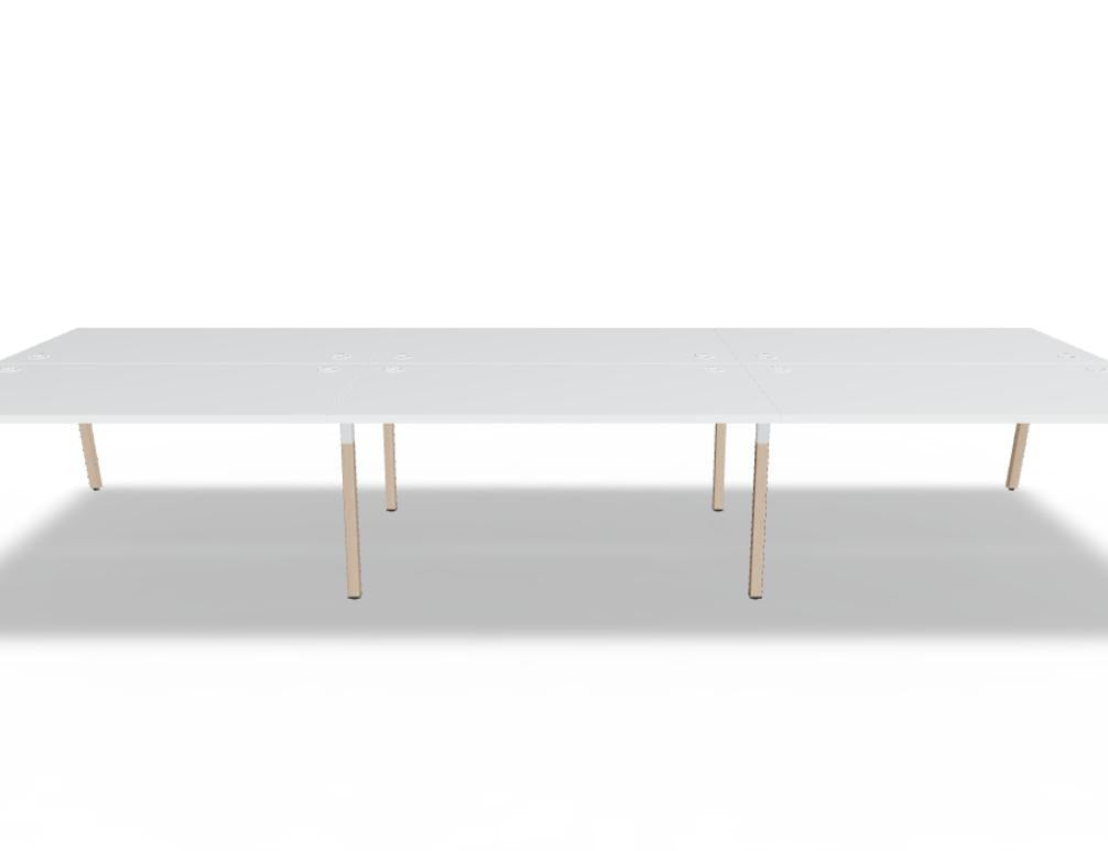 Doppelschreibtisch Ogi W Bench mit Platte in Honigeiche, Gestell aus Eschenholz und schwarzem Metallrahmen, für zwei Arbeitsplätze.
