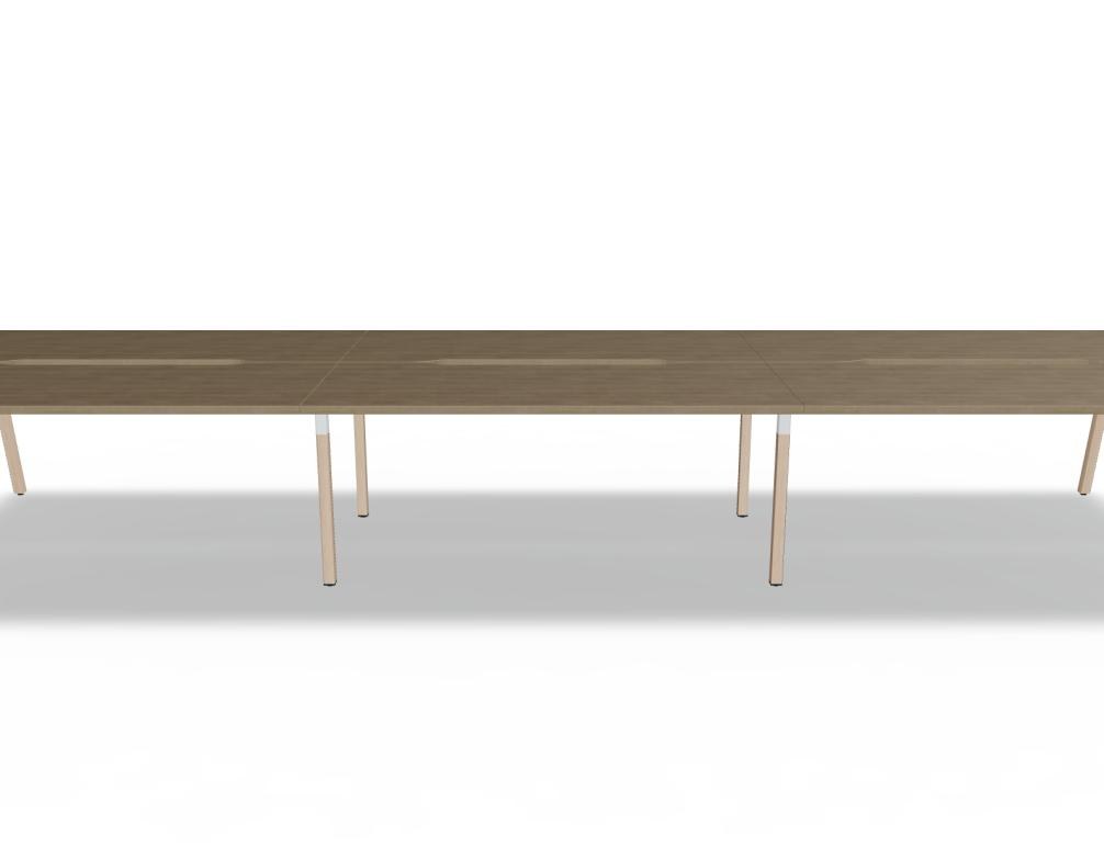 Doppelschreibtisch Ogi W Bench mit Platte in Honigeiche, Gestell aus Eschenholz und schwarzem Metallrahmen, für zwei Arbeitsplätze.