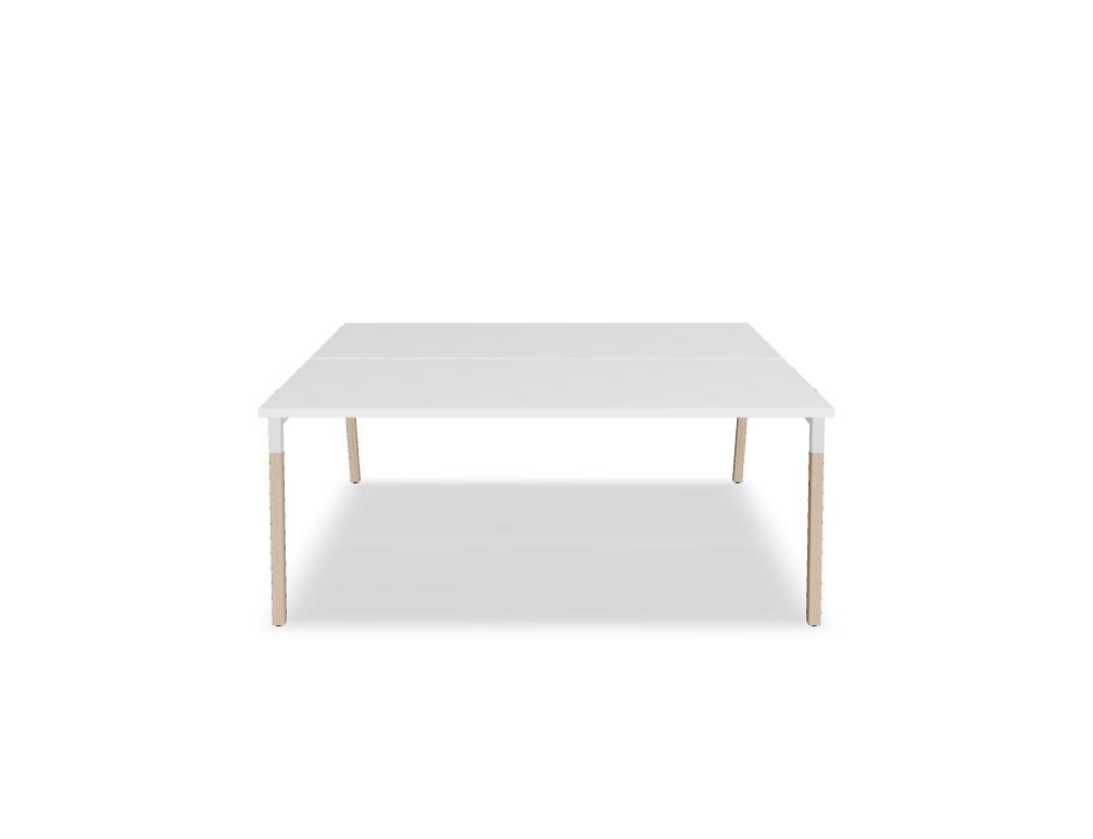 Doppelschreibtisch Ogi W Bench mit Platte in Honigeiche, Gestell aus Eschenholz und schwarzem Metallrahmen, für zwei Arbeitsplätze.