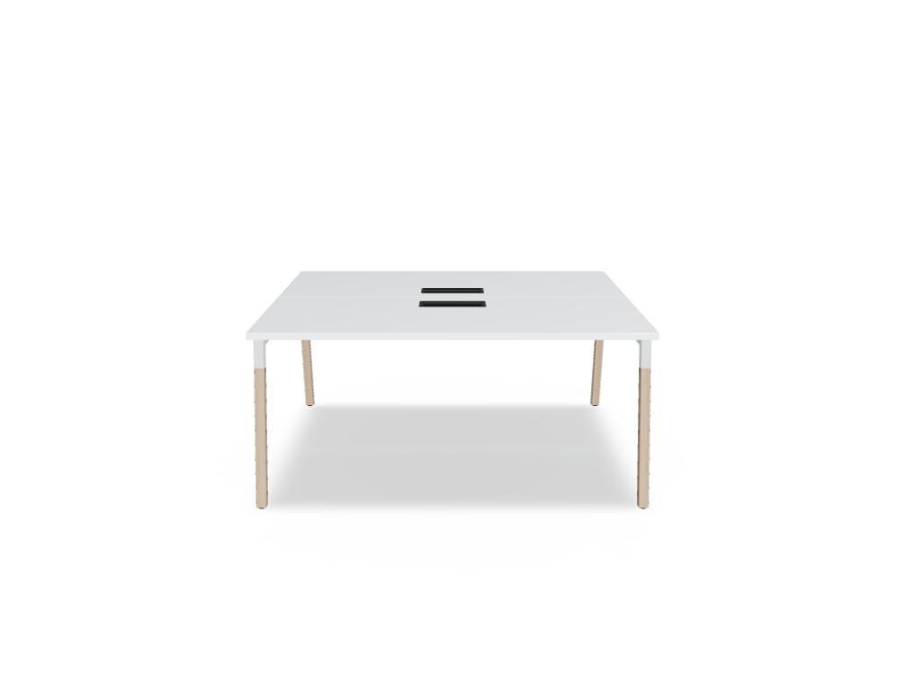 Doppelschreibtisch Ogi W Bench mit Platte in Honigeiche, Gestell aus Eschenholz und schwarzem Metallrahmen, für zwei Arbeitsplätze.
