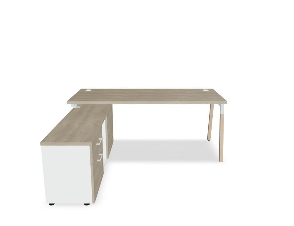 Schreibtisch mit integrierter Schranklösung, elegantes Holzdesign, moderne Arbeitsfläche, kompakter Bürotisch aus der Ogi W BOW21-Serie von Mdd