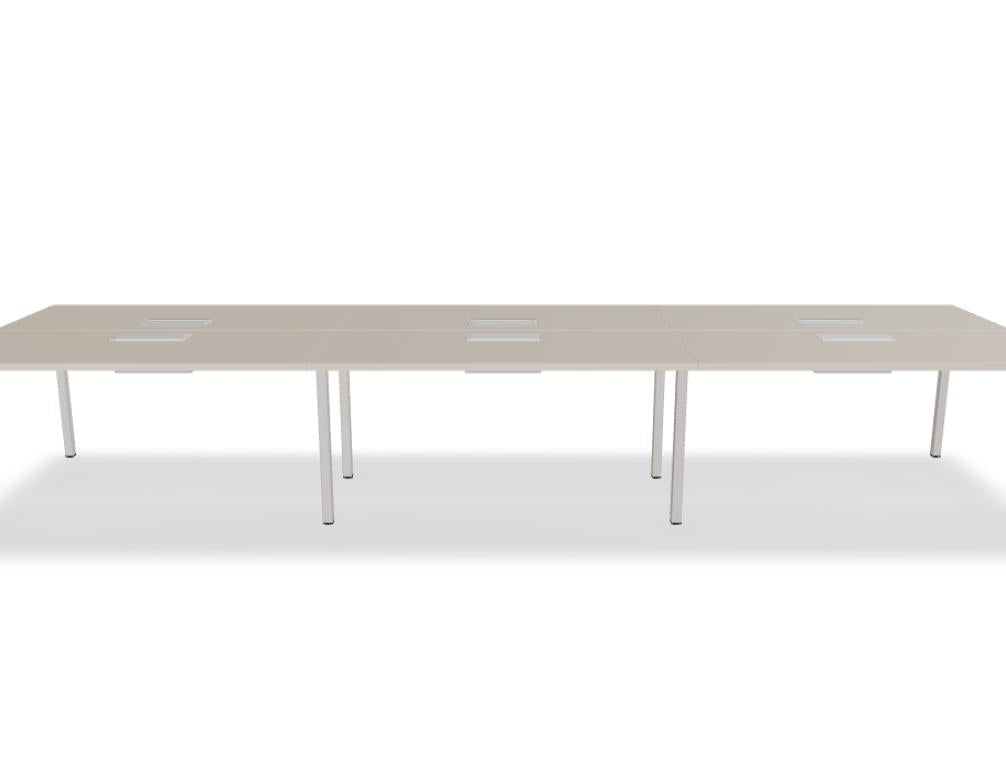 Örtlich platziertes B/W-Doppelschreibtisch-Setup: moderner, robuster Ogi Y Bench BOY54E3 mit klaren Linien, Holzoptik und integrierter Arbeitsfläche