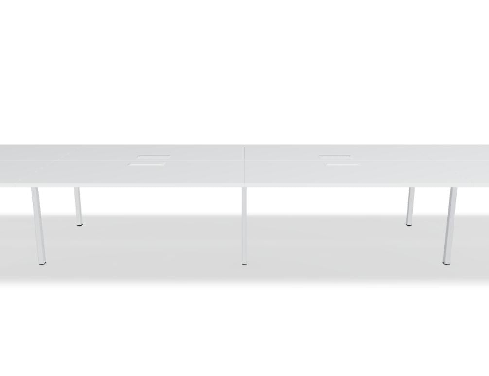 Blick auf den Ogi Y Bench BOY34E4 Doppelschreibtisch von Mdd: heller Holzton, modernes U-förmiges Design, stabile Beine und praktischer Arbeitsplatz für zwei Personen.