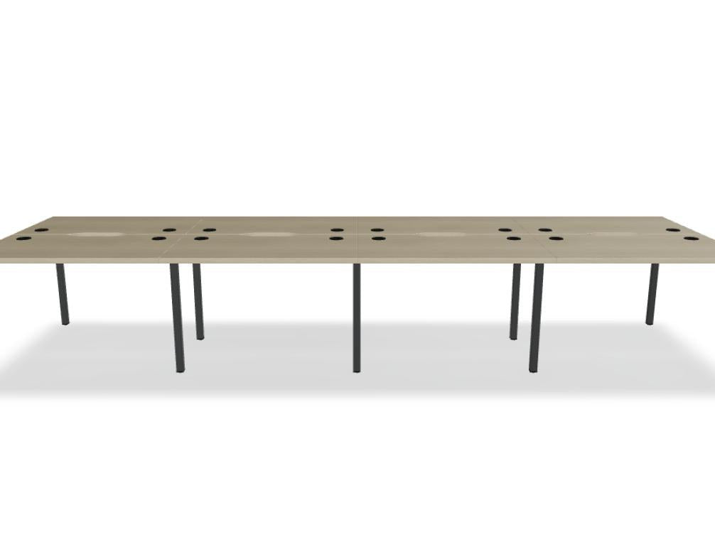 Doppelschreibtisch Ogi Y Bench von Mdd in Honigeiche mit schwarzem Metallgestell, Tischplatte für zwei Arbeitsplätze nebeneinander.