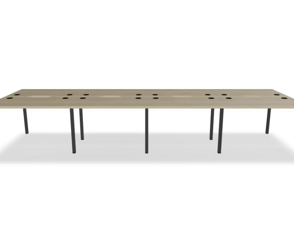 Bild zeigt den Ogi Y Bench BOY50E4: eleganter Doppelschreibtisch mit Holzstruktur, hellbraune Oberflächen, montierte Standbeine, klar gestaltete Arbeitsflächen und moderne Linienführung