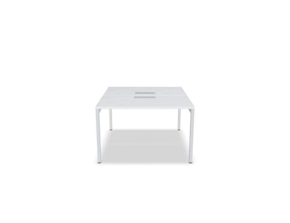 Bild eines modularen Doppelschreibtisch-Systems Ogi Y Bench BOY42, geordnetes Arbeitssetup mit zwei Arbeitsflächen, moderner Holztischplatte und schlichten Metallbeinen