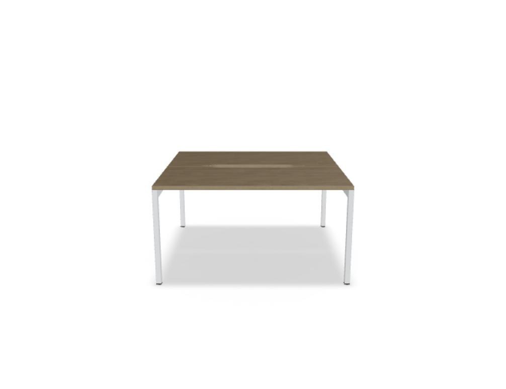 Doppelschreibtisch Ogi Y Bench von Mdd in Honigeiche mit schwarzem Metallgestell, Tischplatte für zwei Arbeitsplätze nebeneinander.
