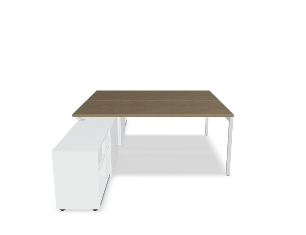 Doppelschreibtisch Ogi Y Bench von Mdd in Honigeiche mit schwarzem Metallgestell, Tischplatte für zwei Arbeitsplätze nebeneinander.