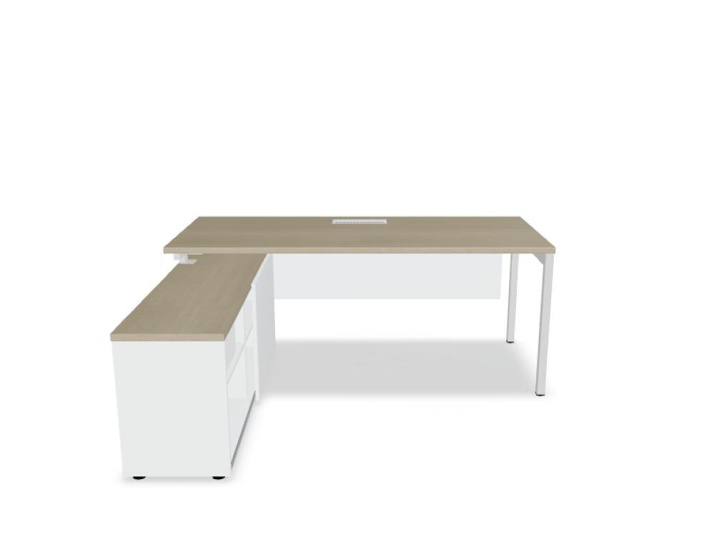 Schreibtisch Ogi Y mit Managerschrank in Honigeiche, Metallgestell schwarz halbmatt, Melaminplatte mit ABS-Umleimer, Massangaben 160x160x74 cm.