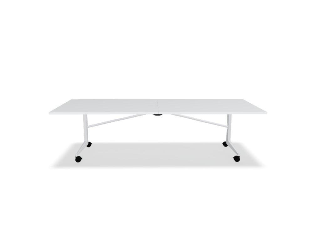 Klappbarer Konferenztisch Plex von Mdd mit Tischplatte in Honigeiche, weissem Stahlgestell und Rollen mit Bremse.
