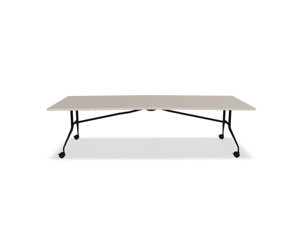 Klapptisch Plica von Mdd mit Tischplatte in Eiche Natur, schwarzem Stahlgestell und Rollen mit Bremse, zusammenklappbar.
