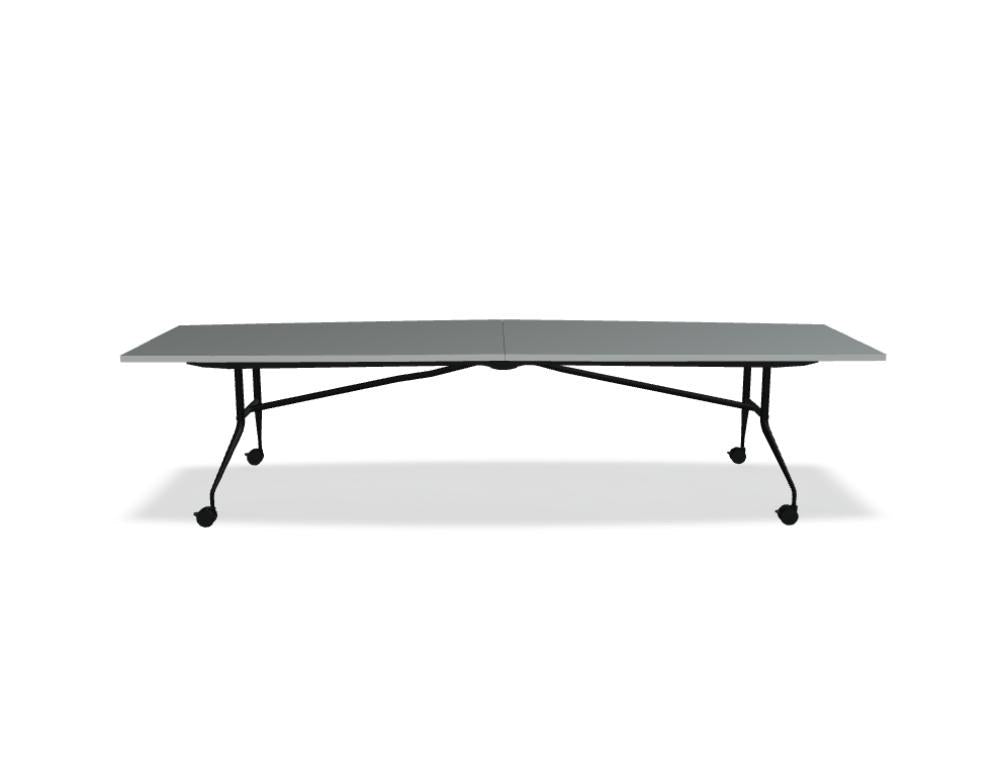 Klapptisch Plica von Mdd mit Tischplatte in Eiche Natur, schwarzem Stahlgestell und Rollen mit Bremse, zusammenklappbar.