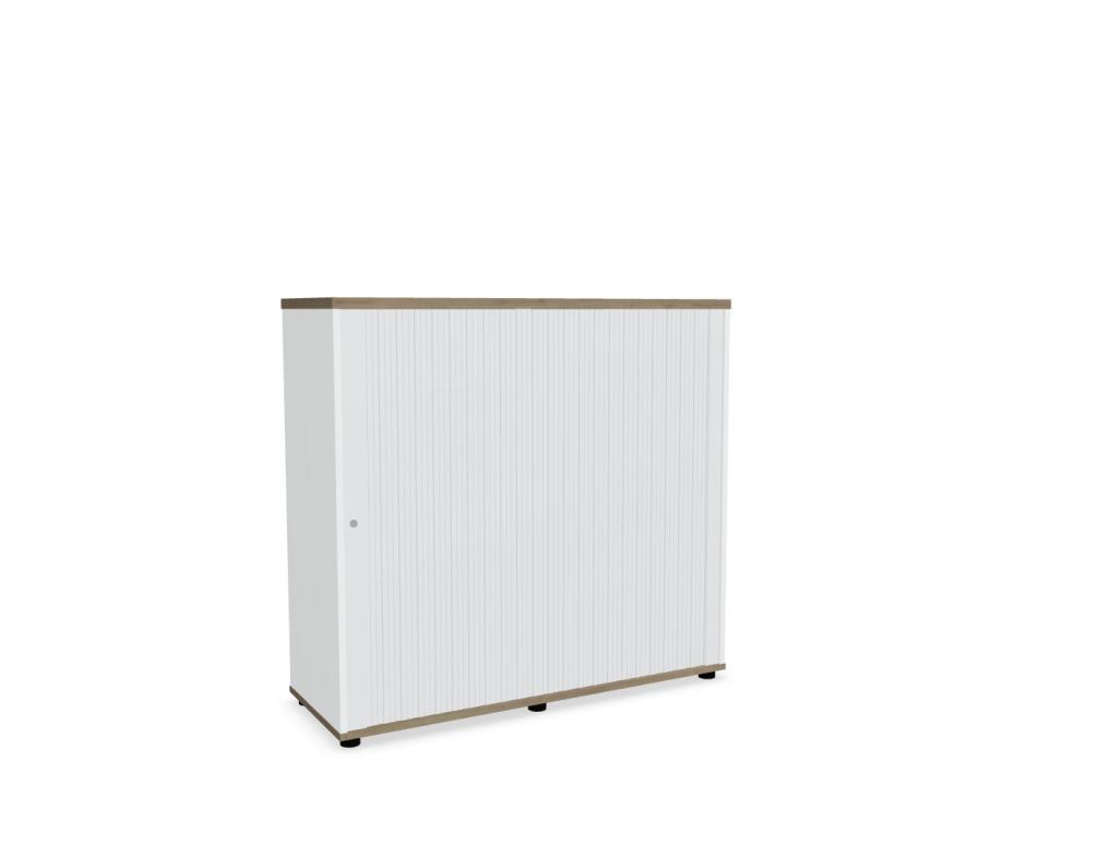 Weisser Büroschrank Standard von Mdd mit Rollladenfront, Korpus in Weiss Pastell, Ober- und Bodenplatte in Eiche Natur, mit Füssen.