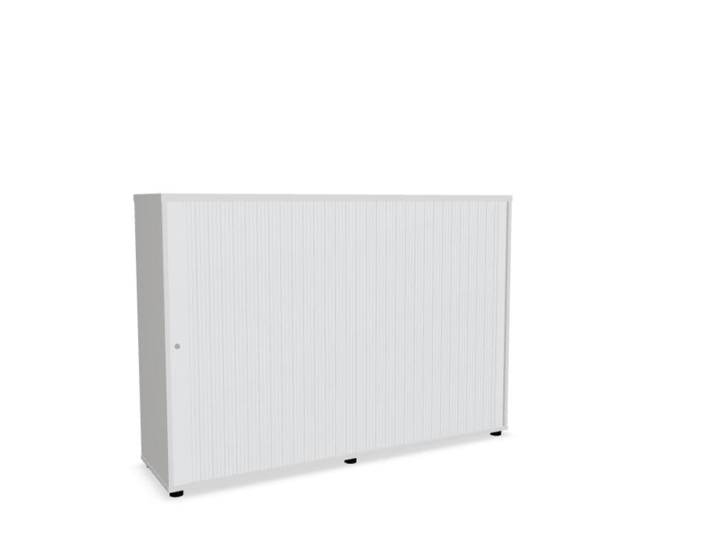 Weisser Büroschrank Standard von Mdd mit Rollladenfront, Korpus in Weiss Pastell, Ober- und Bodenplatte in Eiche Natur, mit Füssen.