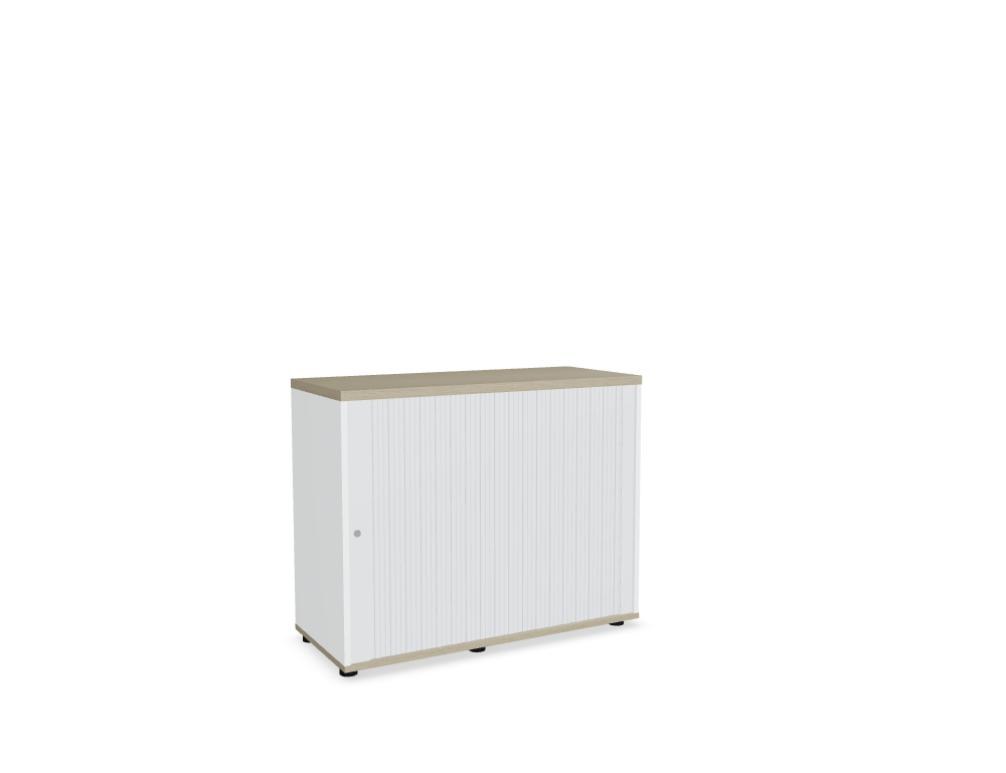 Weisser Büroschrank Standard von Mdd mit Rollladenfront, Korpus in Weiss Pastell, Ober- und Bodenplatte in Eiche Natur, mit Füssen.