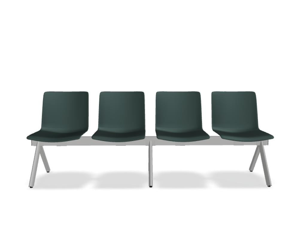 Sitzbank Shila von Mdd mit dunkelgrünem Polypropylen-Sitz, hellgrauem Metallgestell und verchromten Gelenkfüssen, ohne Armlehnen.