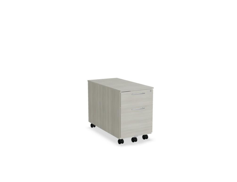 Rollcontainer der Standard-Serie von Mdd, Korpus und Oberplatte in Weiss Pastell, Front in Eiche Natur, mit Rollen und Aluminiumgriffen.