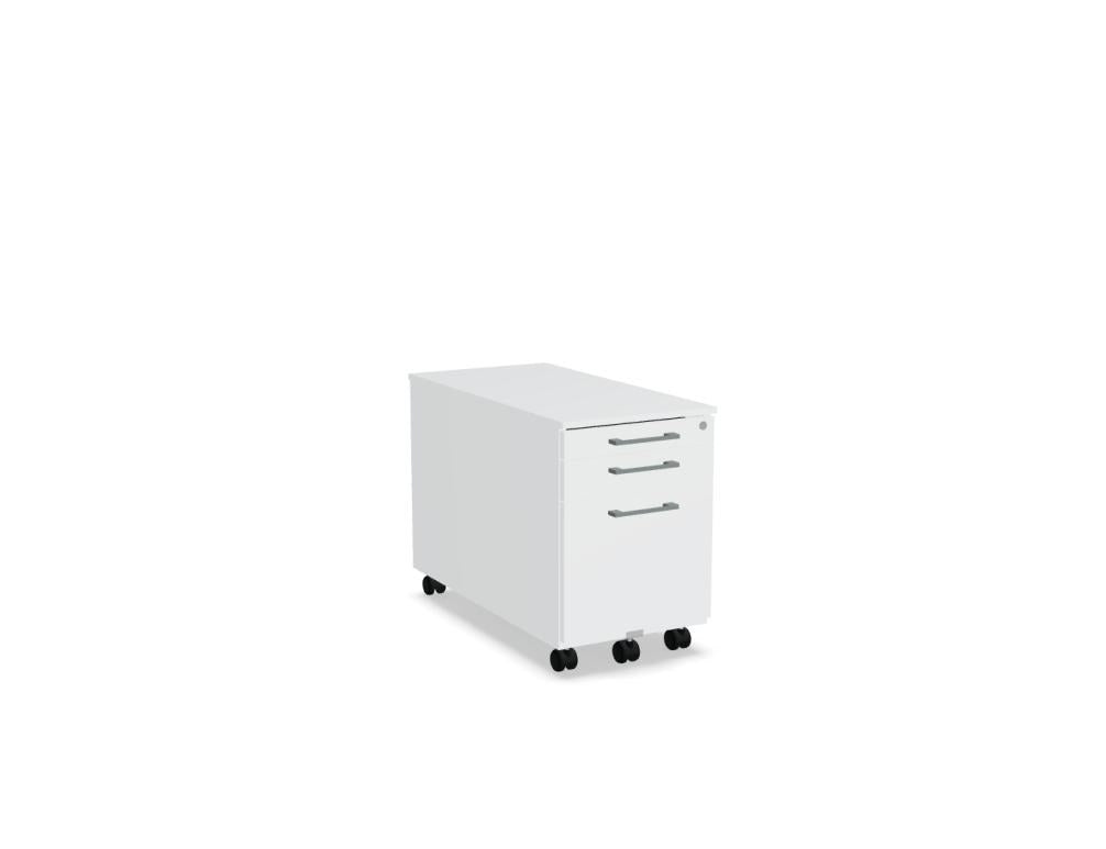 Rollcontainer der Standard-Serie von Mdd, Korpus und Oberplatte in Weiss Pastell, Front in Eiche Natur, mit Rollen und Aluminiumgriffen.