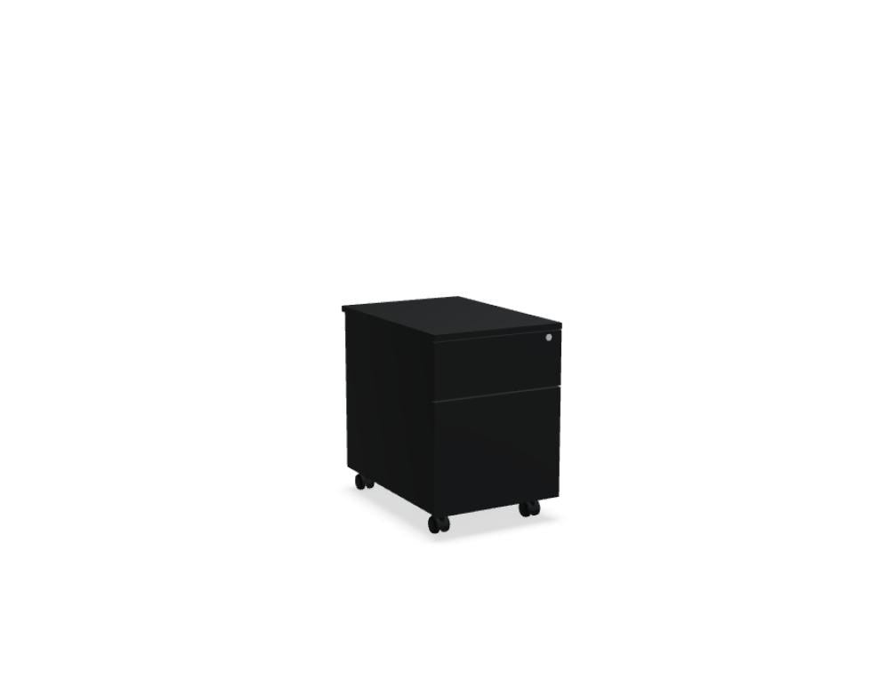 Rollcontainer der Standard-Serie von Mdd, Korpus und Oberplatte in Weiss Pastell, Front in Eiche Natur, mit Rollen und Aluminiumgriffen.