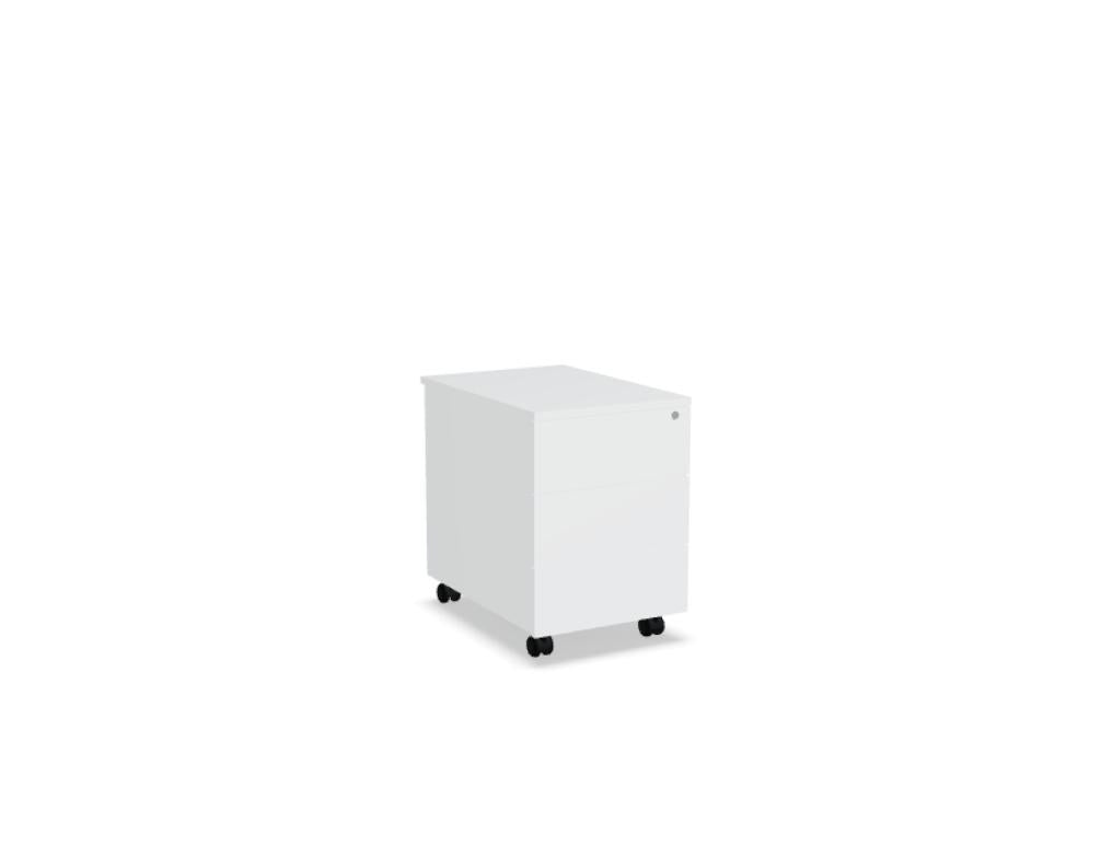 Schwarzer Rollcontainer Basic von Mdd aus Melaminplatte mit ABS-Umleimer, drei Schubladen, Aluminiumgriffen und Rollen mit Bremse.