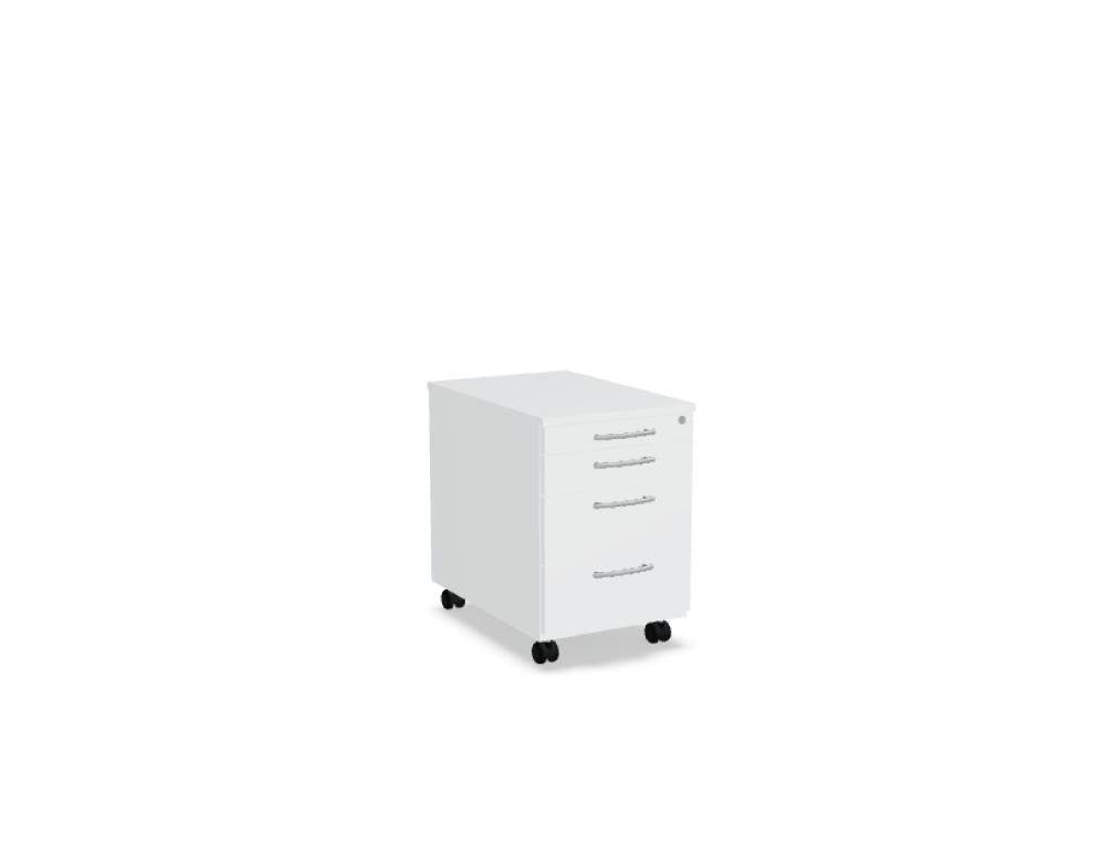 Rollcontainer der Standard-Serie von Mdd, Korpus und Oberplatte in Weiss Pastell, Front in Eiche Natur, mit Rollen und Aluminiumgriffen.