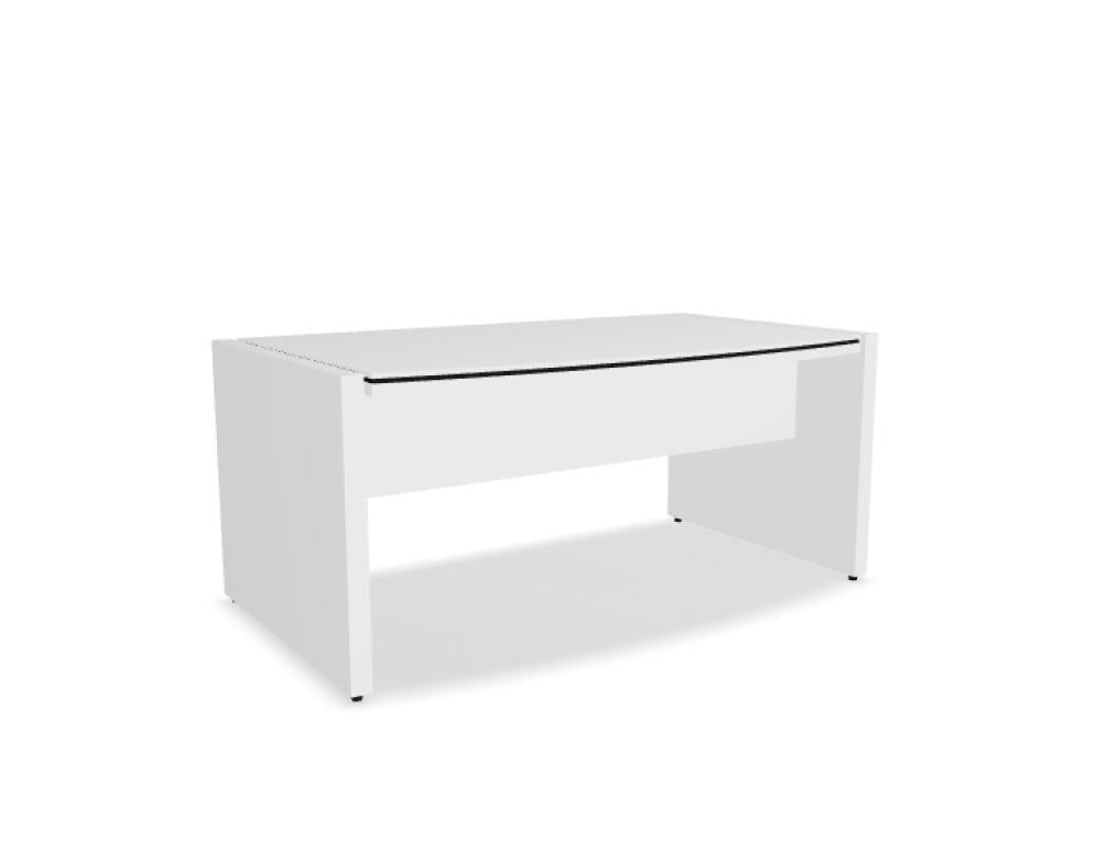 Chefschreibtisch der Status-Serie von Mdd mit Melamin-Arbeitsplatte, ABS-Umleimer und Schattenfuge in Anthrazit, Frontalansicht.