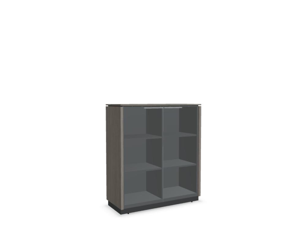 Vitrine Status von Mdd in Anthrazit mit Glastür aus Klarhartglas, Aluminium-Griffen und Korpus aus Melaminplatte, seitliche Ansicht.