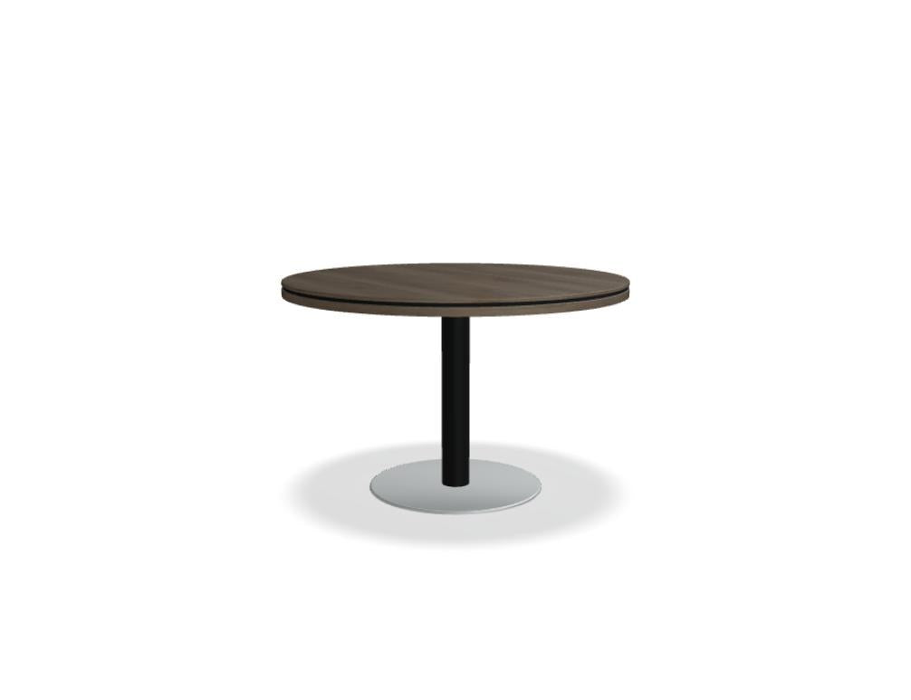 Kaffeetisch der Serie Status von Mdd mit quadratischer Melamin-Tischplatte in Aluminium Halbmatt und Kreuzgestell mit Tellerfuss aus Edelstahl.