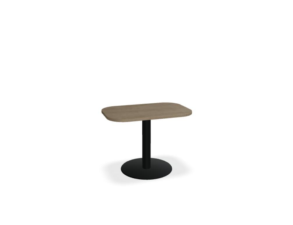 Runder Kaffeetisch Tack von Mdd mit Melaminplatte in Honigeiche und schwarzem Metallgestell mit Tellerfuss, Frontalansicht.