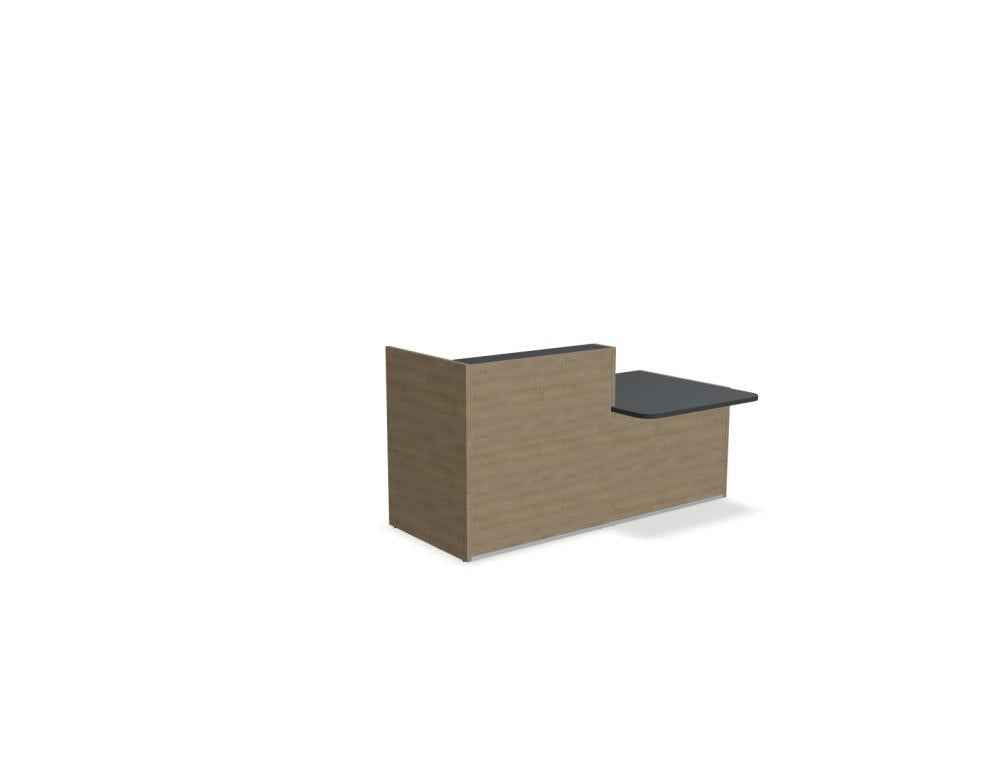 Modulare Empfangstheke TRA136P von Mdd in heller Holzoptik mit grauen Akzenten und integrierten Kabelkanälen, modern gestalteter Empfangsbereich.