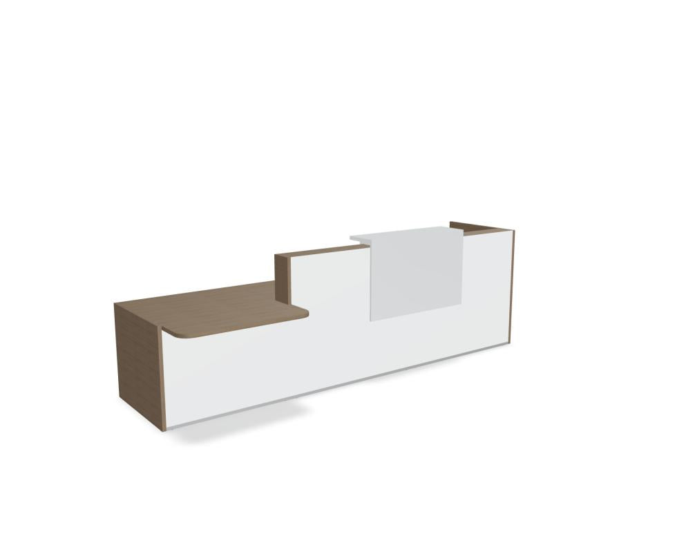 Tera TRA40L Empfangsdesk von Mdd: modulare Theke mit Holzfront, weißem Aufsatz und klarer Linienführung.