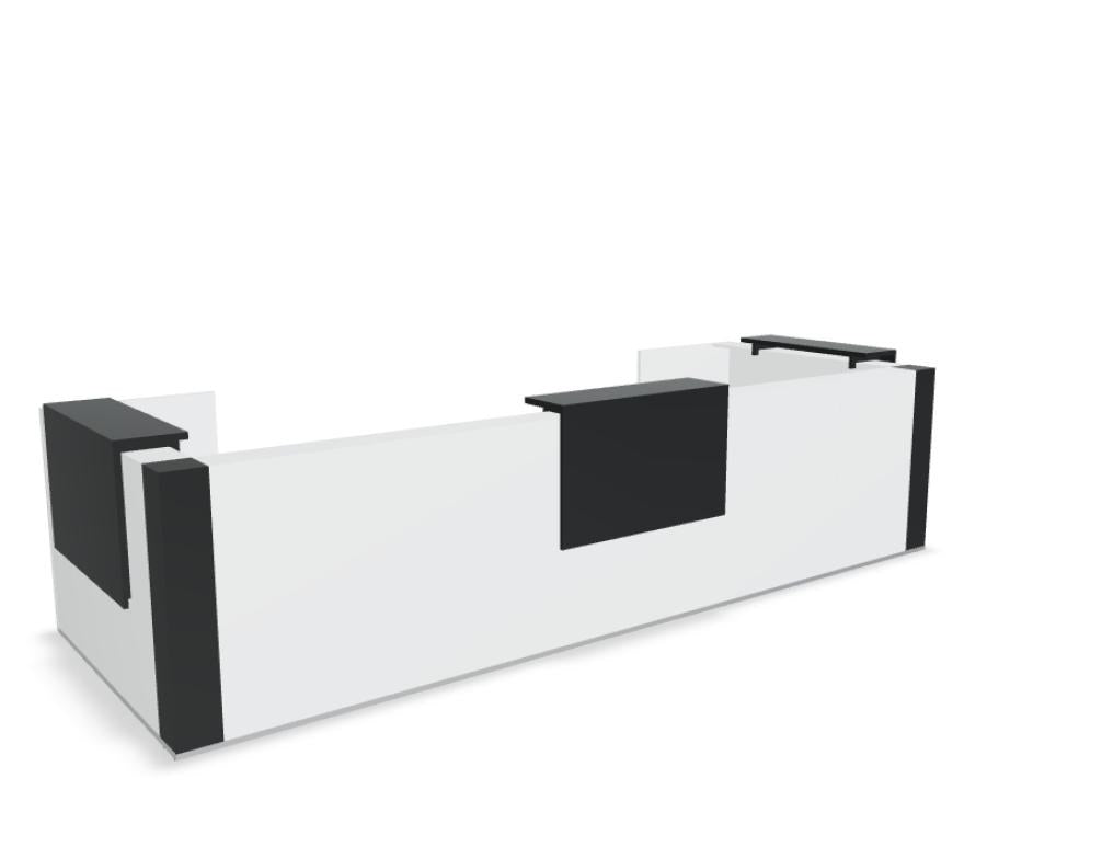Modulare Empfangstheke Tera aus weisser Melaminplatte mit HPL-Hochglanz-Aufsatz, Glaselement und LED-Beleuchtung, Metallgestell.