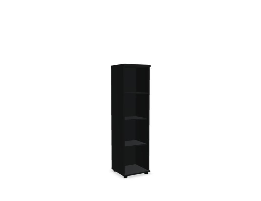 Schwarzes Standregal Basic von Mdd aus Melaminplatte mit mehreren Fachböden, geschlossener Rückwand und Stellfüssen, freistehend fotografiert.