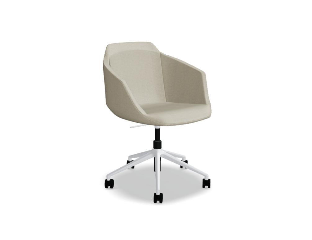 Dunkelblauer Dreh-Schalenstuhl mit gepolstertem Sitz, schwarzem 5-Stern-Aluminiumgestell, Gasdruckfeder und Rollen für weiche Böden.
