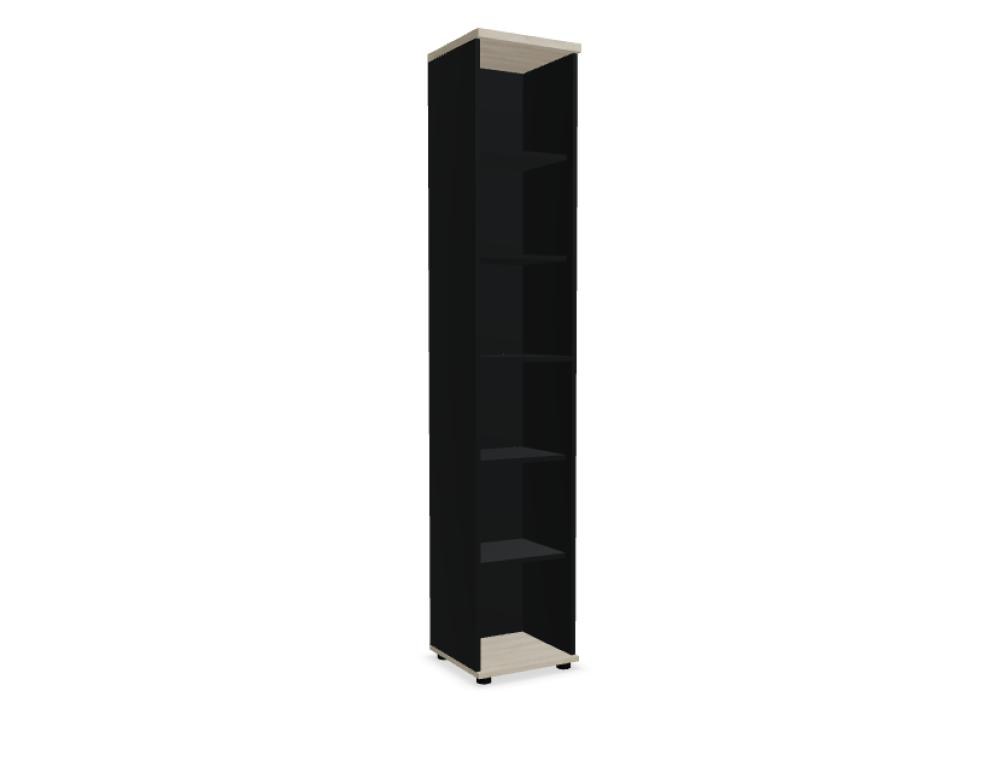 Schwarzes Standregal Basic von Mdd aus Melaminplatte mit mehreren Fachböden, geschlossener Rückwand und Stellfüssen, freistehend fotografiert.