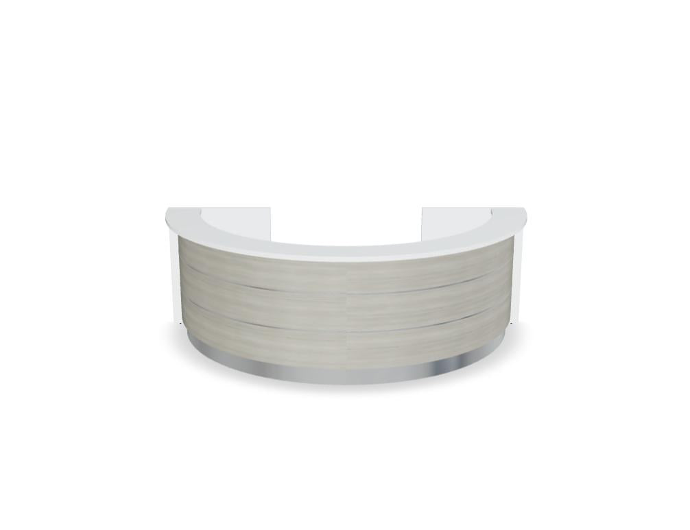 Empfangstheke Valde in Weiss Pastell mit Glas-Oberplatte, Aluminium-Dekorstreifen, HPL-Hochglanzfront und durchgehender LED-Beleuchtung an der Thekenlänge