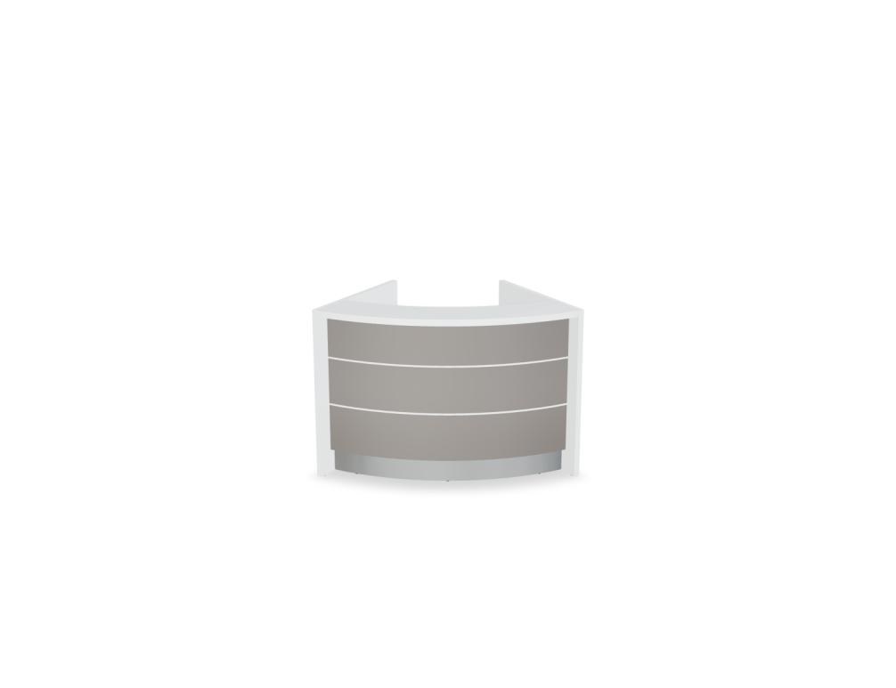 Empfangstheke Valde in Weiss Pastell mit Glas-Oberplatte, Aluminium-Dekorstreifen, HPL-Hochglanzfront und durchgehender LED-Beleuchtung an der Thekenlänge