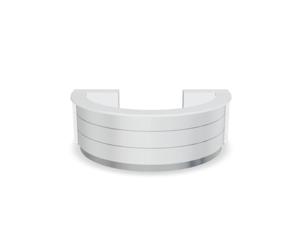 Empfangstheke Valde in Weiss Pastell mit Glas-Oberplatte, Aluminium-Dekorstreifen, HPL-Hochglanzfront und durchgehender LED-Beleuchtung an der Thekenlänge