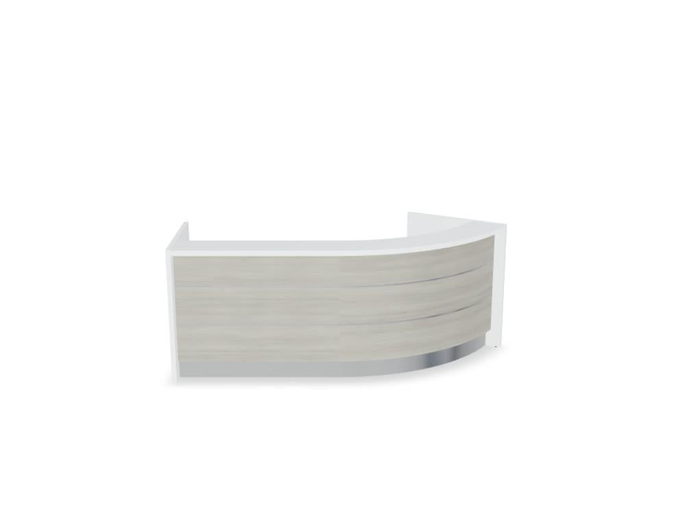 Empfangstheke Valde in Weiss Pastell mit Glas-Oberplatte, Aluminium-Dekorstreifen, HPL-Hochglanzfront und durchgehender LED-Beleuchtung an der Thekenlänge