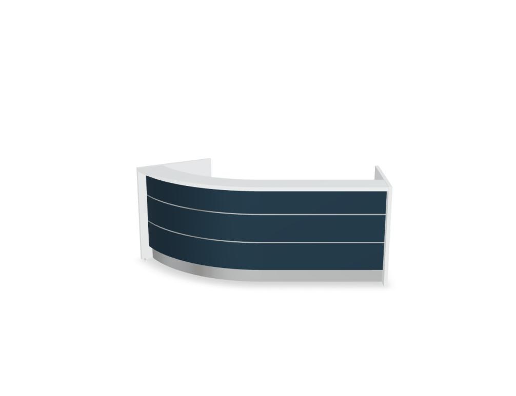 Empfangstheke Valde in Weiss Pastell mit Glas-Oberplatte, Aluminium-Dekorstreifen, HPL-Hochglanzfront und durchgehender LED-Beleuchtung an der Thekenlänge