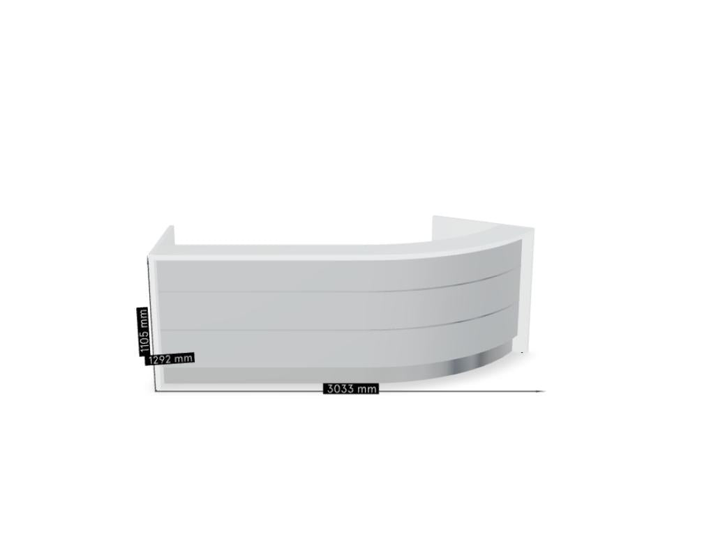 Empfangstheke Valde in Weiss Pastell mit Glas-Oberplatte, Aluminium-Dekorstreifen, HPL-Hochglanzfront und durchgehender LED-Beleuchtung an der Thekenlänge
