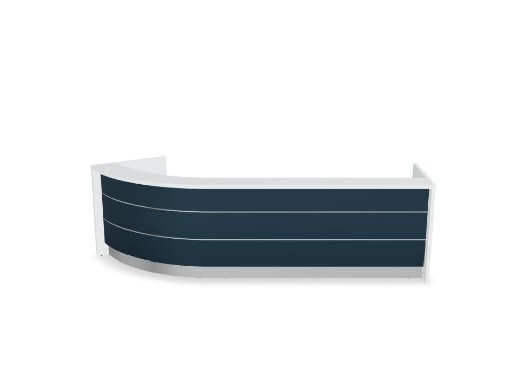 Empfangstheke Valde in Weiss Pastell mit Glas-Oberplatte, Aluminium-Dekorstreifen, HPL-Hochglanzfront und durchgehender LED-Beleuchtung an der Thekenlänge