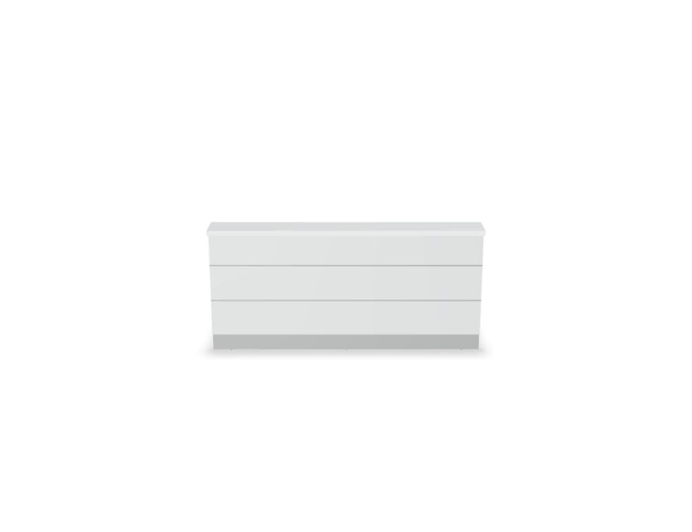 Empfangstheke Valde in Weiss Pastell mit Glas-Oberplatte, Aluminium-Dekorstreifen, HPL-Hochglanzfront und durchgehender LED-Beleuchtung an der Thekenlänge